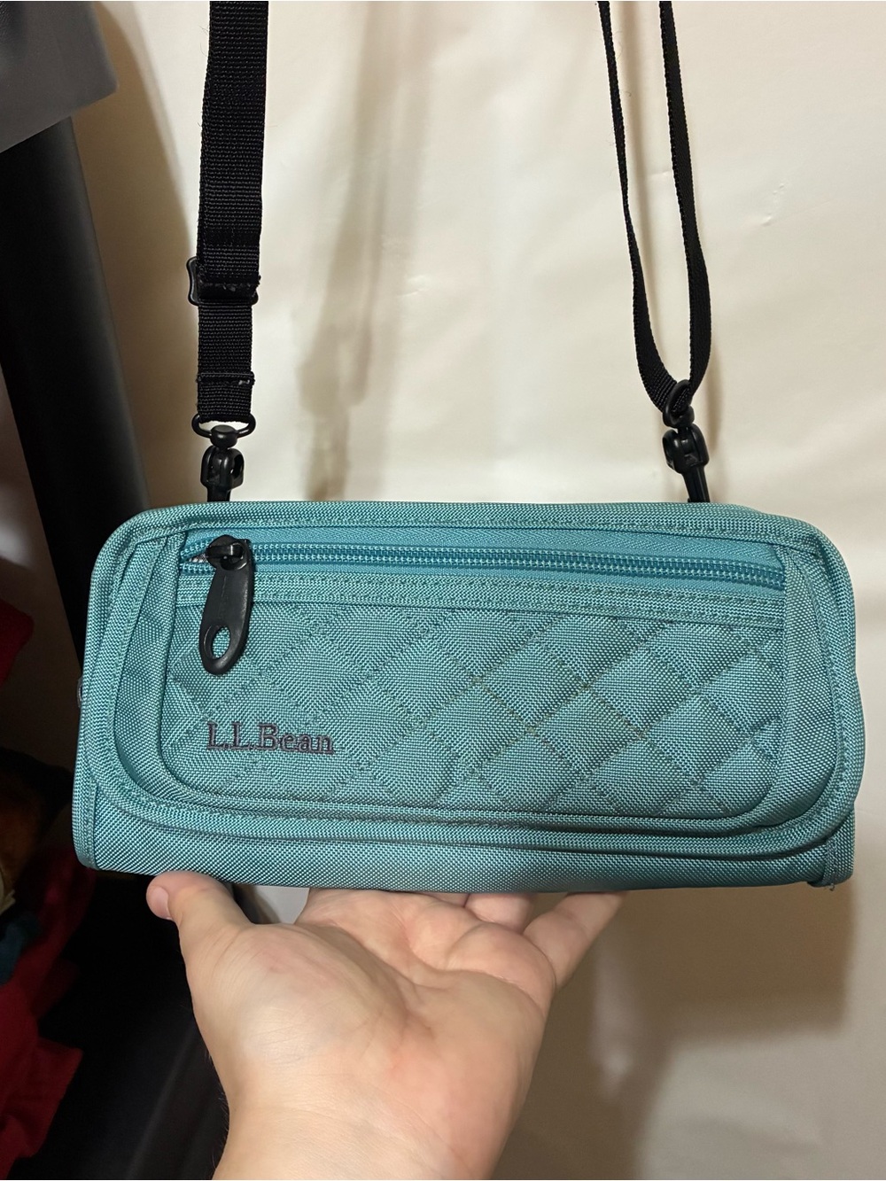 L.L. Bean Teal Quilted Crossbody Wallet with Black Strap